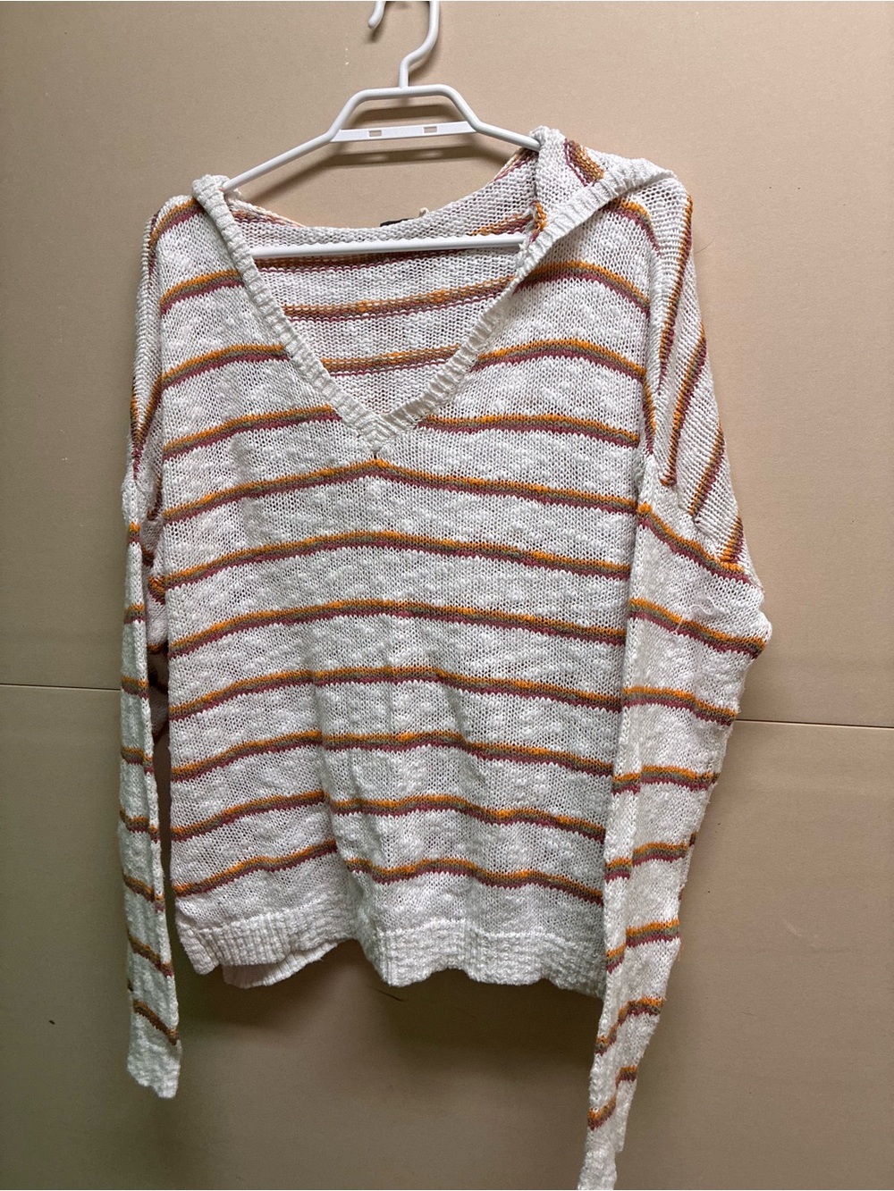 Roxy Striped V-Neck Sweater in Cream, Rust and Gold